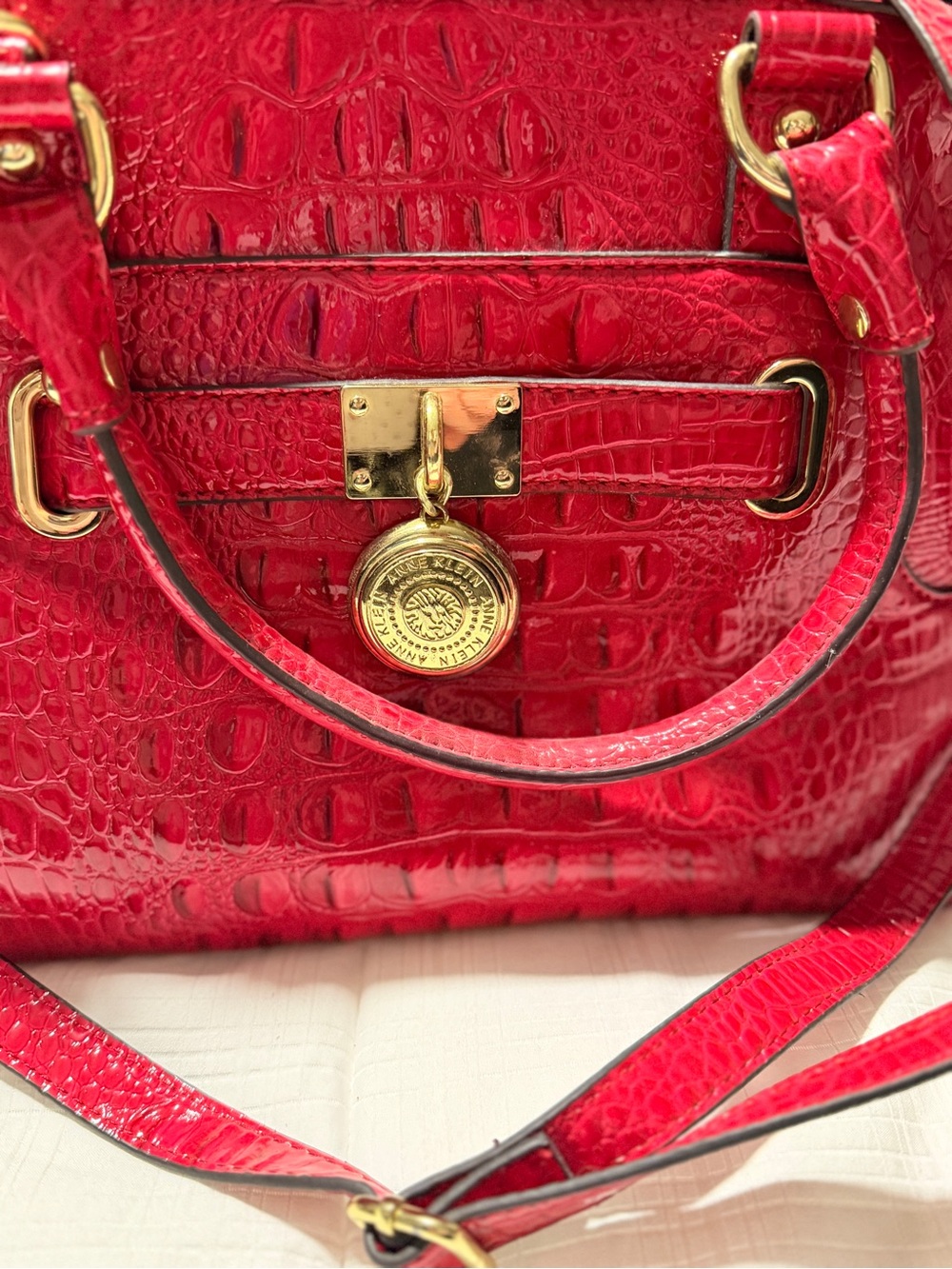 Anne Klein Red Croc-Embossed Satchel with Gold Medallion